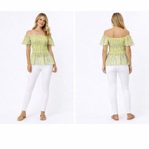 Moon river Smocked Square-Neck Peplum Top in Yellow and Light Blue